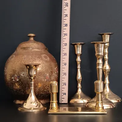 LOT 238: Etched Brass Pot with Brass Bombay Card Holder, EPNS Ware Brass Mini Goblets with Tray & Brass Candlestick Holders