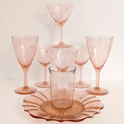 LOT 213: Pink Depression Glass Stemmed Glasses, Dish and Glass