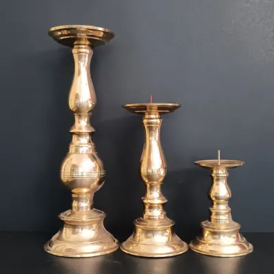 LOT 235: Etched Brass Aftaba Ewer with Brass Candle Holders
