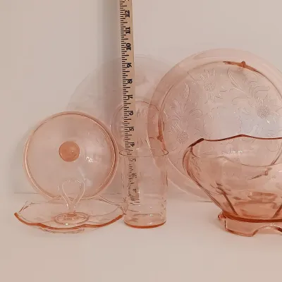 LOT 239: Pink Depression Glass Cake Plate, Bowl, Dish Lid & More