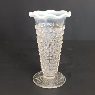 LOT 234: Krome Kraft Art Deco Nude Figural Candlestick Holders with Moonstone Glass Hobnail Bud Vase
