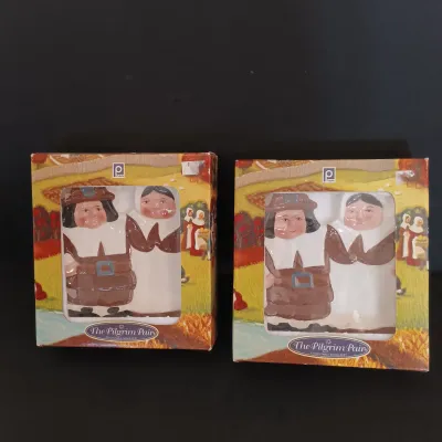 LOT 212: Thanksgiving Must Have Including Ceramic Turkey Platter and Corn Shaped Napkin Holder, Pilgram Salt & Pepper Shakers NOS and...