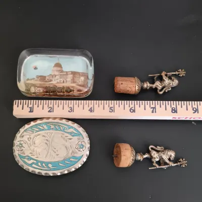 LOT 211: Eclectic Collection of a Belt Buckle, Art Glass, Vintage Paperweight, Wooden Box, Stamps & More