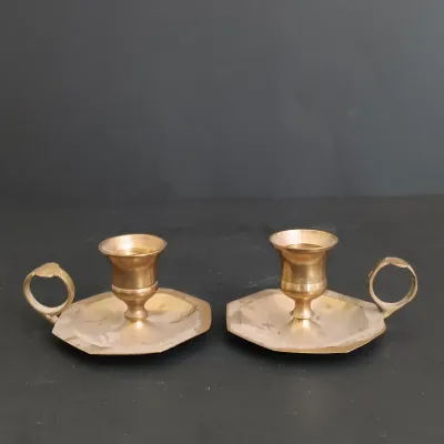 LOT 235: Etched Brass Aftaba Ewer with Brass Candle Holders