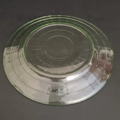 LOT 271: Uranium Glass Measuring Cup, Water Glass and Divided Dish with Block Style Creamer, Open Sugar Bowl and Plate