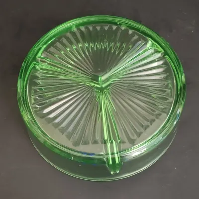 LOT 271: Uranium Glass Measuring Cup, Water Glass and Divided Dish with Block Style Creamer, Open Sugar Bowl and Plate