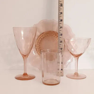 LOT 213: Pink Depression Glass Stemmed Glasses, Dish and Glass