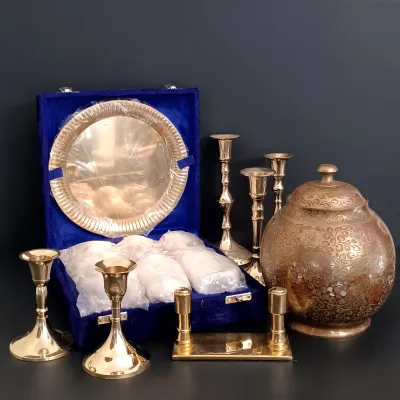 LOT 238: Etched Brass Pot with Brass Bombay Card Holder, EPNS Ware Brass Mini Goblets with Tray & Brass Candlestick Holders