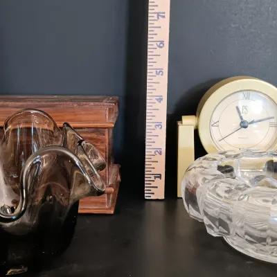 LOT 211: Eclectic Collection of a Belt Buckle, Art Glass, Vintage Paperweight, Wooden Box, Stamps & More