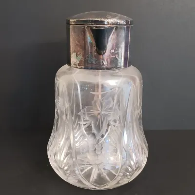 LOT 231: Vintage Crystal Pitcher with Metal Bird Claw Ice Tongs & Glass Ladles
