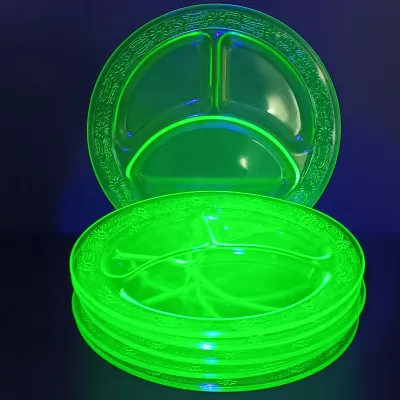 LOT 273: Uranium Glass Daisy Print Divided Plates