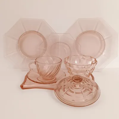 LOT 214: Pink Depression Glass Plates, Cups, Bowls and More