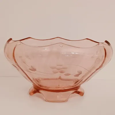 LOT 239: Pink Depression Glass Cake Plate, Bowl, Dish Lid & More