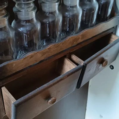 LOT 220: Vintage Wood Spice Rack with Japan Made Glass Spice Jars