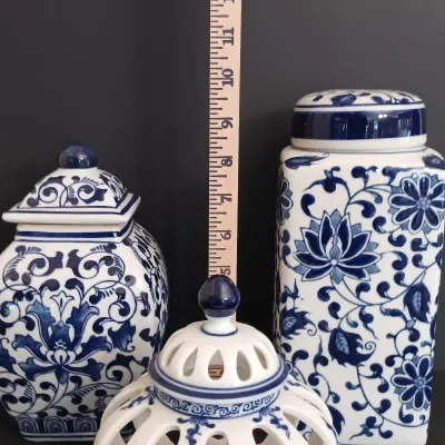 LOT 230: Bombay Blue and White Ceramic Canisters & Tealight