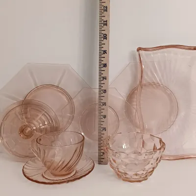 LOT 214: Pink Depression Glass Plates, Cups, Bowls and More