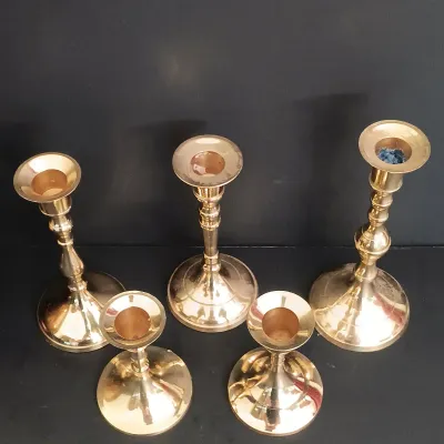 LOT 238: Etched Brass Pot with Brass Bombay Card Holder, EPNS Ware Brass Mini Goblets with Tray & Brass Candlestick Holders