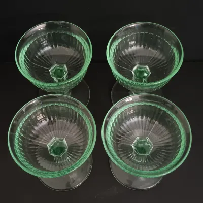 LOT 272: Uranium Glass Sherbert Cups, Candlestick Holders & Etched Dish