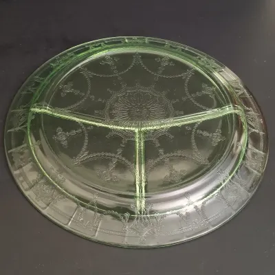LOT 198: Uranium Glass Cameo Ballerina Pattern Divided Plates, Creamer & Open Sugar Bowl