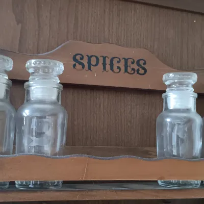 LOT 220: Vintage Wood Spice Rack with Japan Made Glass Spice Jars