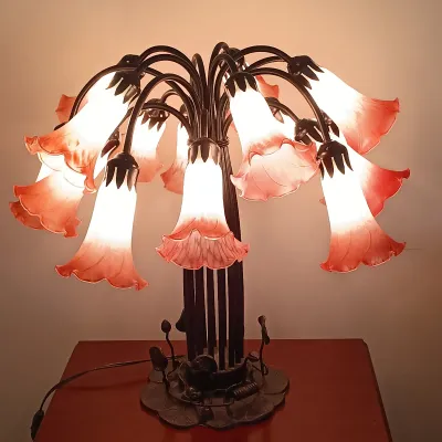 LOT 195: Meyda-Style Lily Pad Lamp with Pink Tulip Shades