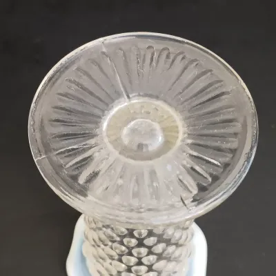 LOT 234: Krome Kraft Art Deco Nude Figural Candlestick Holders with Moonstone Glass Hobnail Bud Vase