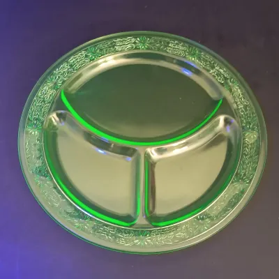 LOT 273: Uranium Glass Daisy Print Divided Plates