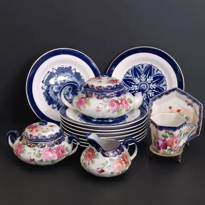 LOT 232: Bombay Rosette Salad Plates with Porcelain Tea Pot, Creamer, Sugar Bowl & Tea Cup