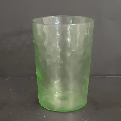 LOT 271: Uranium Glass Measuring Cup, Water Glass and Divided Dish with Block Style Creamer, Open Sugar Bowl and Plate