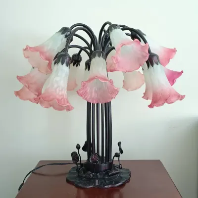 LOT 195: Meyda-Style Lily Pad Lamp with Pink Tulip Shades