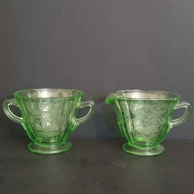 LOT 198: Uranium Glass Cameo Ballerina Pattern Divided Plates, Creamer & Open Sugar Bowl