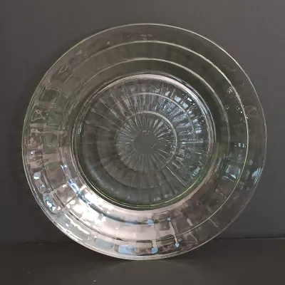 LOT 271: Uranium Glass Measuring Cup, Water Glass and Divided Dish with Block Style Creamer, Open Sugar Bowl and Plate