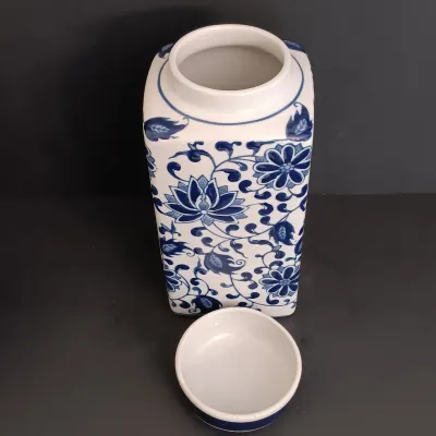 LOT 230: Bombay Blue and White Ceramic Canisters & Tealight