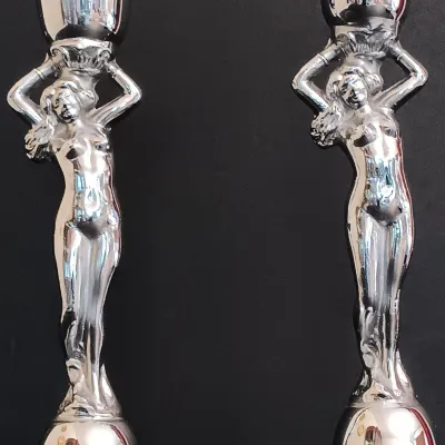 LOT 234: Krome Kraft Art Deco Nude Figural Candlestick Holders with Moonstone Glass Hobnail Bud Vase