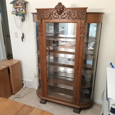LOT 144: Antique Ornate/Carved Oak Curved Curio Cabinet