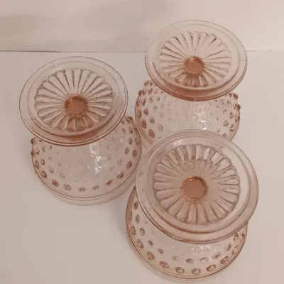 LOT 215: Collection of Pink Depression Glass - Hobnail Glasses and Scalloped Dishes