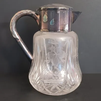 LOT 231: Vintage Crystal Pitcher with Metal Bird Claw Ice Tongs & Glass Ladles