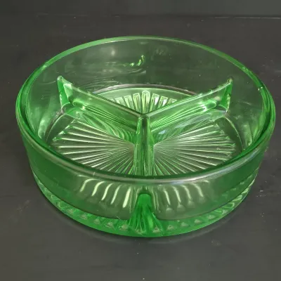 LOT 271: Uranium Glass Measuring Cup, Water Glass and Divided Dish with Block Style Creamer, Open Sugar Bowl and Plate
