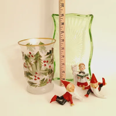 LOT 241: German-Style Elf Figurines, Choir Boy Mini Candlestick Holder, Green Glass Tray & More