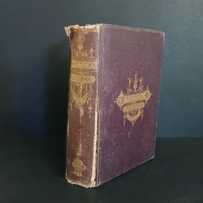 LOT 206: Leatherbound Bronte's Poems, Mini Leatherbound Christmas Carol, Longfellow's Prose Works 1866 and Whittier's...