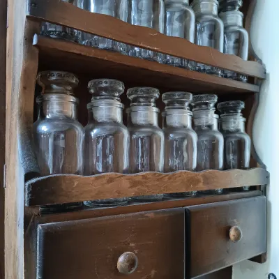 LOT 220: Vintage Wood Spice Rack with Japan Made Glass Spice Jars