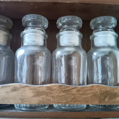 LOT 220: Vintage Wood Spice Rack with Japan Made Glass Spice Jars