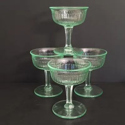 LOT 272: Uranium Glass Sherbert Cups, Candlestick Holders & Etched Dish