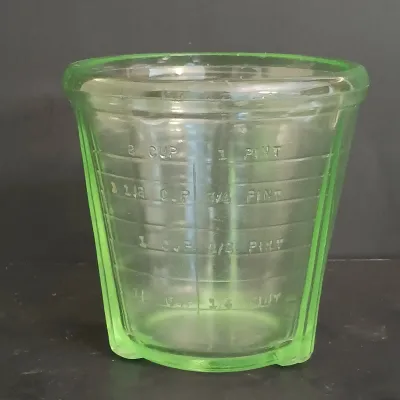 LOT 271: Uranium Glass Measuring Cup, Water Glass and Divided Dish with Block Style Creamer, Open Sugar Bowl and Plate