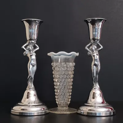 LOT 234: Krome Kraft Art Deco Nude Figural Candlestick Holders with Moonstone Glass Hobnail Bud Vase