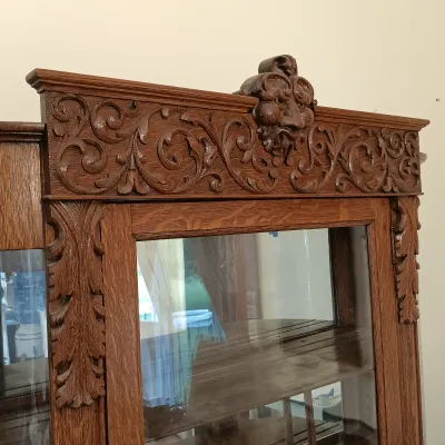 LOT 144: Antique Ornate/Carved Oak Curved Curio Cabinet