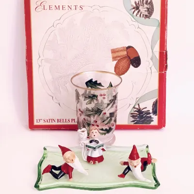 LOT 241: German-Style Elf Figurines, Choir Boy Mini Candlestick Holder, Green Glass Tray & More