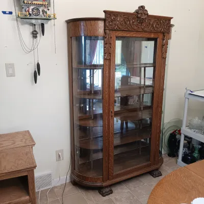 LOT 144: Antique Ornate/Carved Oak Curved Curio Cabinet