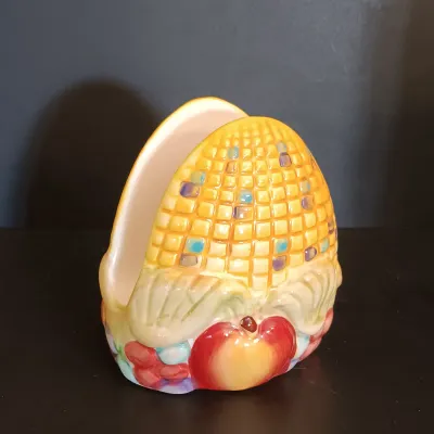 LOT 212: Thanksgiving Must Have Including Ceramic Turkey Platter and Corn Shaped Napkin Holder, Pilgram Salt & Pepper Shakers NOS and...