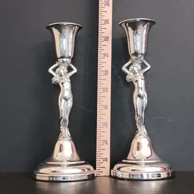 LOT 234: Krome Kraft Art Deco Nude Figural Candlestick Holders with Moonstone Glass Hobnail Bud Vase
